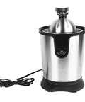 Electric Citrus Juicer With Stainless Steel Pulp Control And Large Volume Capacity, showcasing a sleek design with power cord.