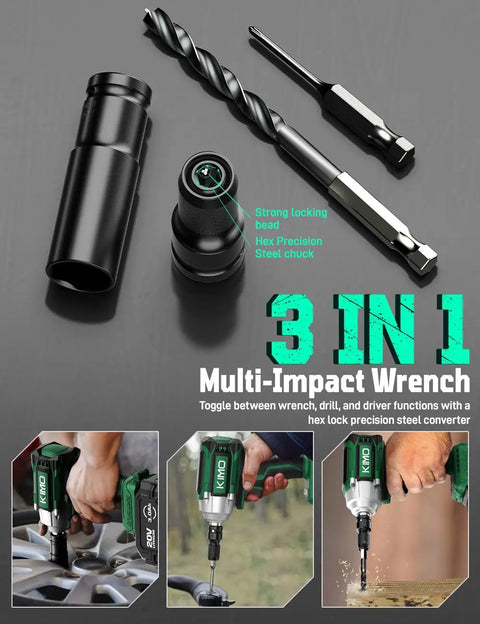 Badass Cordless Impact Wrench 1/2 Inch Drive 20V Battery Powered Knockout Gun with drill bits and socket adapter tools.