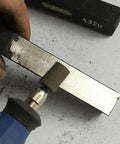 Grinding tool using Six Piece 16 mm Cylinder Grinding Stones With One Quarter Inch Shank Aluminum Oxide Mounted Grinding Bits For Drill And Rotary Tools, Durable Sharpening Bits For DIYers And Pros For Metalworking Jewelry Woodworking And Hobby Projects on metal surface