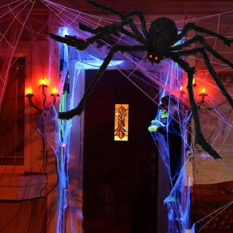 Massive 200 Inch Halloween Spider Web Plus 59 Inch Giant Fake Spider Epic Yard Haunt Decor Set With Realistic Arachnid by front door