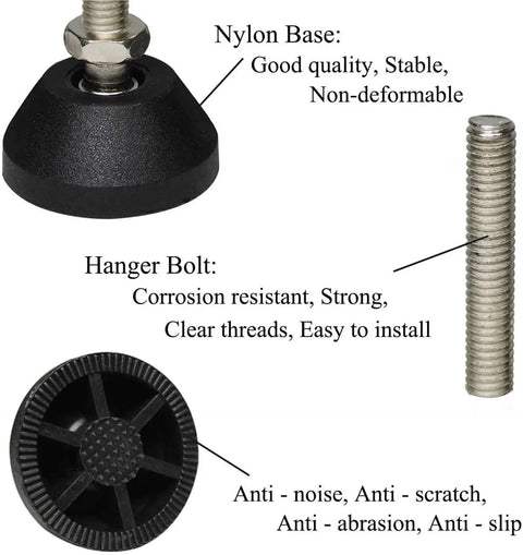 Heavy Duty Adjustable Furniture Leveling Feet Rock Solid Swivel Stands With Machine Screws, nylon base and hanger bolt for stability.