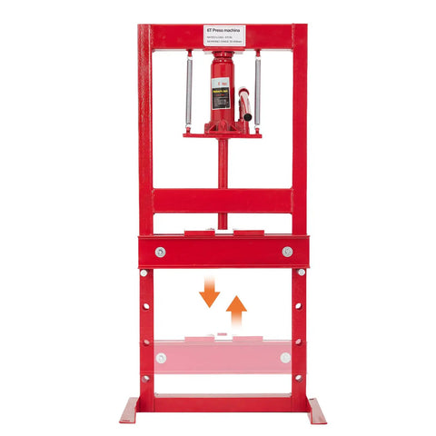 Heavy Duty 6 Ton Hydraulic H Frame Shop Press Built Tough For The Auto Shop Crew Adjustable Bed For Metal Fabrication And Automotive Repair Sturdy Carbon Steel Frame, front view.