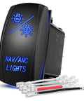 Seven Pin DPDT Rocker Switch With Blue Jumpers On Off On Dual Load Control 20A 12V DC And 10A 24V DC Rated Easy Install Replacement For OEM Switch Panels Ideal For Cars Trucks Jeeps Boats RVs black rocker switch with blue backlit Nav/Anc Lights and jumper wires