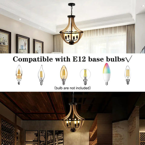 Five Light Geometric Rustic Farmhouse Pendant Light For Dining Room with E12 bulb compatibility, two installation settings shown.