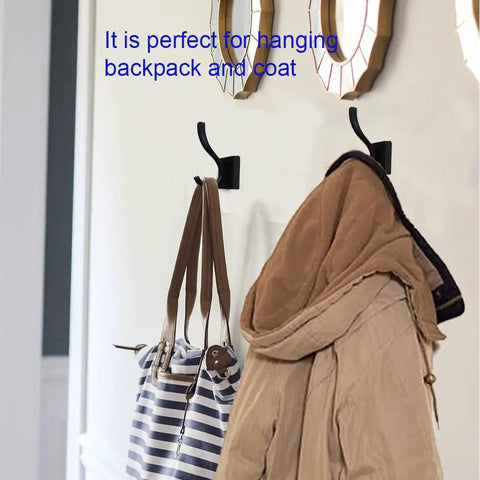 Matte Black Heavy Duty Wall Mount Hooks For Towels Robes And Coats, holding a jacket and bag in a hallway, 2 Pack.