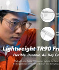 Worker wearing Omega Z87 Plus Safety Glasses With UV400 Lenses Side Shields Anti Oil Coating Lightweight CP Frame in industrial setting