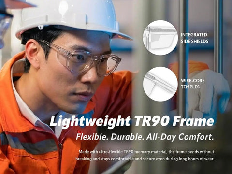 Built Like A Tank Z87 Plus Safety Reading Glasses With Wraparound UV400 Side Shields And Shatterproof Lenses Made For Rough Worksites And Laid Back Weekends, modeled by a user in a work setting.