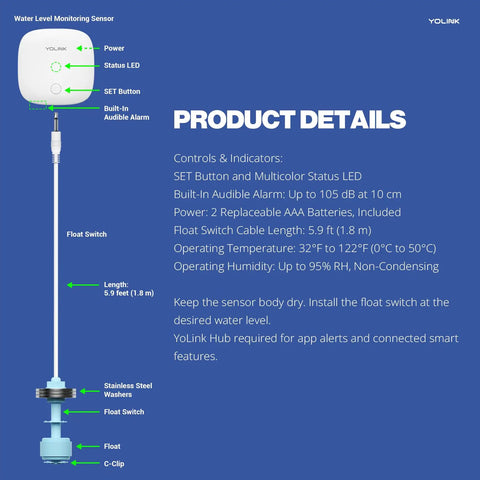 LoRa Water Level Monitoring Sensor With Battery Powered Float Switch Alarm For Sump Pump And Overflow Protection, Tank Level Monitoring, Toilet Leak Sensor, 105dB Siren, Hub Required, Ideal For Home Aquarium Pond Rain Barrel, 5.9 ft cable