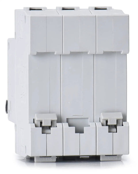 Front view of a Three Pole DIN Rail Mount Circuit Breaker 50 Amp 480V AC Miniature Breaker With Thermal Magnetic Trip