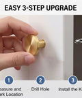 Easy 3-step installation of Top Shelf Handymen Approved Solid Brass Cabinet Knobs with a focused hand holding the knob.