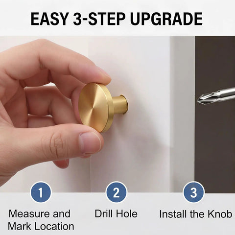 Easy 3-step installation of Top Shelf Handymen Approved Solid Brass Cabinet Knobs with a focused hand holding the knob.