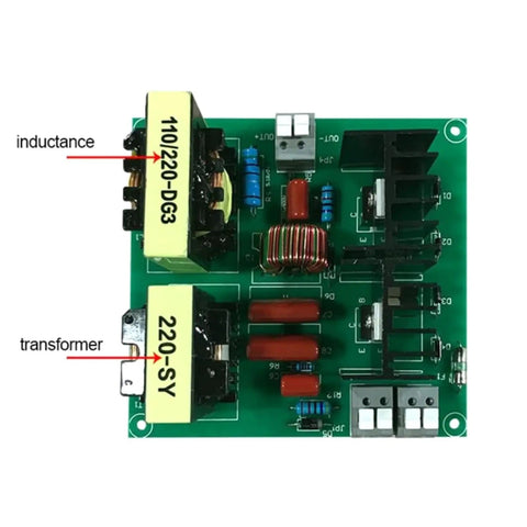 Beefed Up 150W Ultrasonic Cleaner Driver Board Kit With 3 Transducers For Automotive Parts showing PCB components and labels