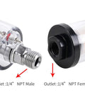 Heavy Duty Water Oil Separator For Pneumatic Paint Sprayers And Air Compressors Kicks Out Moisture and Slippery Crud Fast Easy Bottom Release Valve Inlet and Outlet Detail