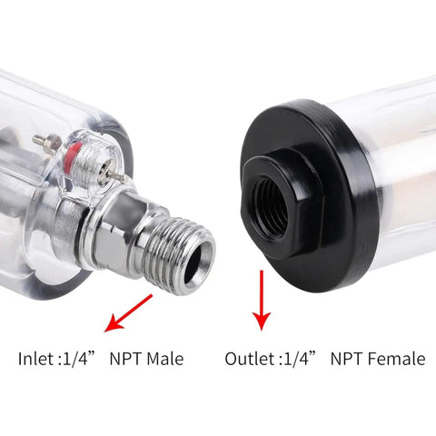 Heavy Duty Water Oil Separator For Pneumatic Paint Sprayers And Air Compressors Kicks Out Moisture and Slippery Crud Fast Easy Bottom Release Valve Inlet and Outlet Detail