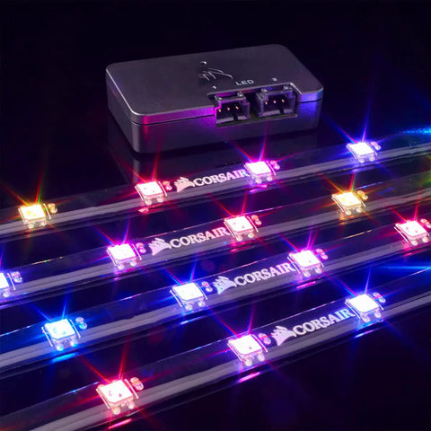 iCUE Lighting Node PRO RGB Lighting Controller with four addressable LED strips, 10 LEDs each, displayed with multicolor lights