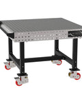 Rock Solid Mobile Welding Fixture Table Featuring Precision Laser Grid Holes 48 By 48 By 36 Inches and sturdy mobile frame with wheels.