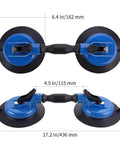 Heavy Duty Vacuum Suction Cup Lifter 330lb Lift with dual swivel pads and ergonomic grip, flat and curved surfaces handling, dimensions shown