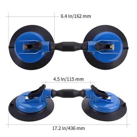 Heavy Duty Vacuum Suction Cup Lifter 330lb Lift with dual swivel pads and ergonomic grip, flat and curved surfaces handling, dimensions shown