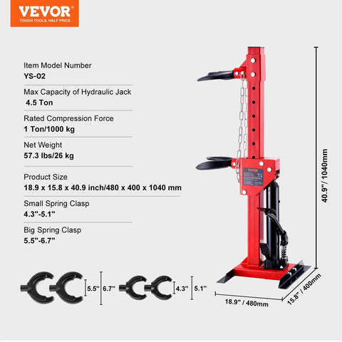 Hydraulic Coil Spring Compressor Tool For Cars And SUVs, 4.5 Ton Jack Capacity, 1 Ton Rated Compression features details