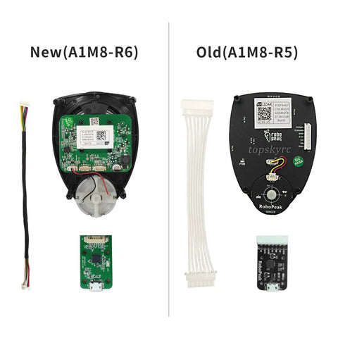 Comparison of RPLIDAR A1M8-R6 and A1M8-R5, showing circuit boards and connectors for robot obstacle avoidance and mapping.