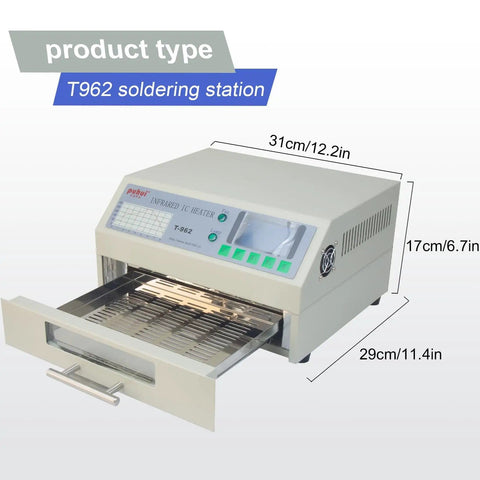 Efficient 110V 800W Infrared Reflow Oven For PCBs And BGA Soldering with open tray showing dimensions