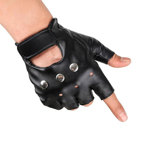 Mens Black Steampunk Fingerless Gloves Premium PU Leather Half Finger Biker Gear with stud details, ideal for riding or concerts.