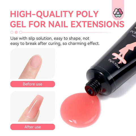 Hema Free Poly Gel Nail Kit With 6 Colors All In One Gel System product showing before and after nail extension effects