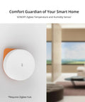 Zigbee Temperature Humidity Sensor For Your Smart Home Setup With Real Time Alerts Indoor Thermometer Hygrometer Compatible With Alexa And Google Home High Accuracy 0.2 C Temperature And Two Percent RH Humidity Requires Zigbee Hub, round white compact sensor on wall