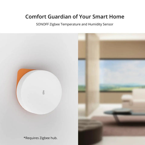 Zigbee Temperature Humidity Sensor For Your Smart Home Setup With Real Time Alerts Indoor Thermometer Hygrometer Compatible With Alexa And Google Home High Accuracy 0.2 C Temperature And Two Percent RH Humidity Requires Zigbee Hub, round white compact sensor on wall