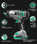 Compact Cordless One Half Inch Impact Wrench With 320 Foot Pounds Max Torque, 20V Tool Kit Includes 2.0Ah Battery And Fast Charger