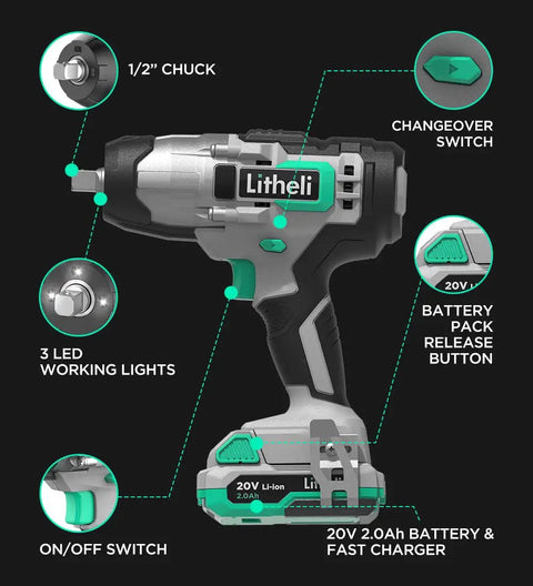 Compact Cordless One Half Inch Impact Wrench With 320 Foot Pounds Max Torque, 20V Tool Kit Includes 2.0Ah Battery And Fast Charger