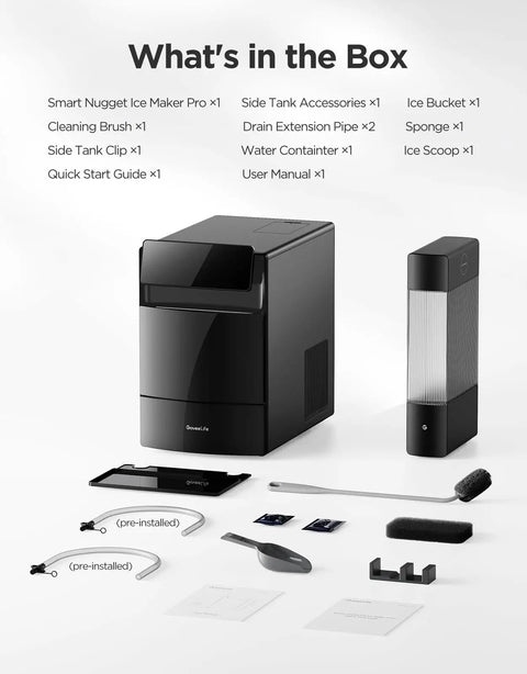 Smart Nugget Ice Maker Delivering 60 Pounds Daily Capacity And 6 Minute Rapid Ice Production Yields Quiet Countertop accessories laid out.