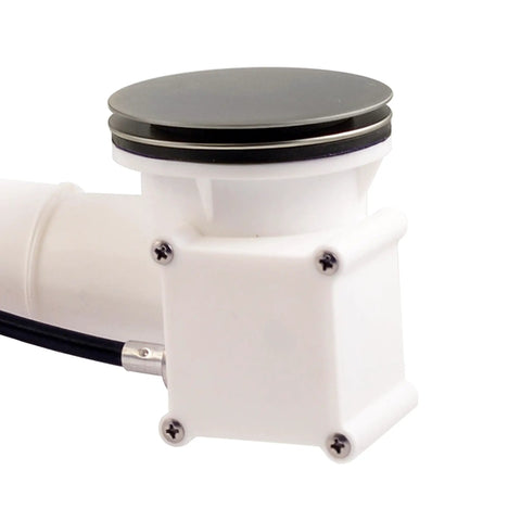 Dead Simple 27 Inch Cable Drive Bath Drain Trim Kit With Rotary Overflow Knob And Pop Up Stopper Satin Nickel Finish with white pipe