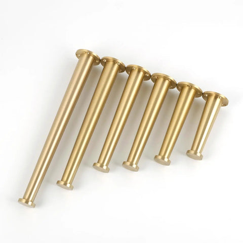 Brass Furniture Feet Set Of 4 with adjustable legs for coffee tables and cabinets, six different sizes arranged on white background