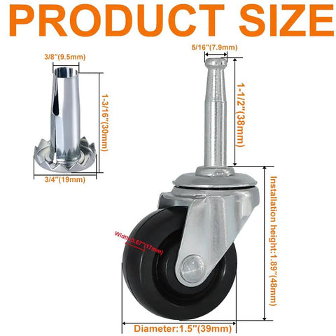 Old School Retro Vibe One-and-One-Half Inch Swivel Caster Wheels With Rubber Tires, showing 5/16in stem and dimensions