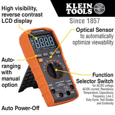 Rugged Digital Multimeter With Auto-Ranging TRMS LoZ Ghost Voltage Elimination, 1000V AC/DC, 10A Current, 60 MΩ Resistance on stand