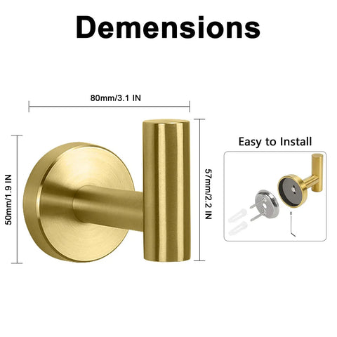 Dimensions of Beefy Heavy Duty Wall Mounted Brushed Gold Stainless Steel Coat Hooks And Towel Hooks Set Four Pack