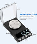 Rechargeable Precision Milligram Scale 0.001g Accuracy, 100g Capacity, with windshield cover and digital display on white background.
