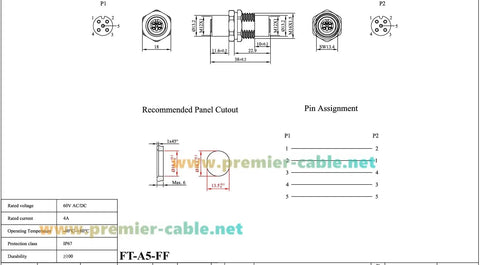 Technical drawing of M12 A Coded 5 Pin Female To Female Coupler Panel Mount IP67 Shielded Bulkhead