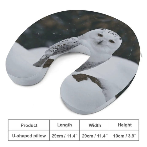Snow Owl Travel Pillow Comfy Ergonomic U Shaped Neck Support With Memory Foam design with snow owl print on white surface.