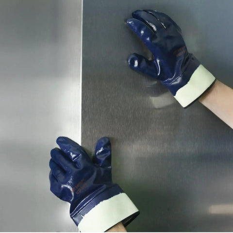 Fully Coated Nitrile Work Gloves With Two And A Half Inch Safety Cuff Jersey Lined For All Day Comfort Grippy Oil And Abrasion Resistant Grip