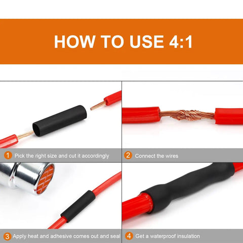 Diagram showing use of UL Listed Extra Long Heat Shrink Tubing Kit With Adhesive Lined Marine Grade Waterproof Seal 4 To 1 Shrink Ratio