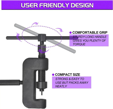Beefy Heavy Duty Motorcycle Chain Breaker And Splitter Tool Kit with sturdy handle and compact size design, user-friendly view