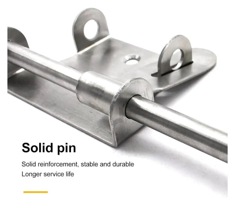 Close-up view of the solid pin on the Rock Solid Heavy Duty Sliding Bolt Gate Latch With Padlock Hole for secure shed barn fence doors.
