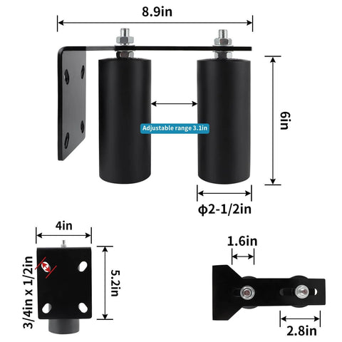 Slide Gate Guide Roller With Two And A Half Inch UHMW Nylon Wheel And Beefy Steel Bracket, Adjustable Gate Support Assembly dimensions