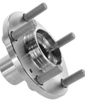 Close-up of a front wheel hub assembly showing five threaded studs and central spline gear for Kia and Hyundai models.