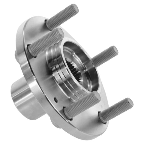 Close-up of a front wheel hub assembly showing five threaded studs and central spline gear for Kia and Hyundai models.