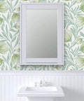 Badass Botanical Modern Vinyl Wallpaper With Smooth Leather Texture Heavy Duty Commercial Wallcovering Custom Printed Just For You For Offices Hotels And Major Event Spaces in a bathroom setting with a mirror.
