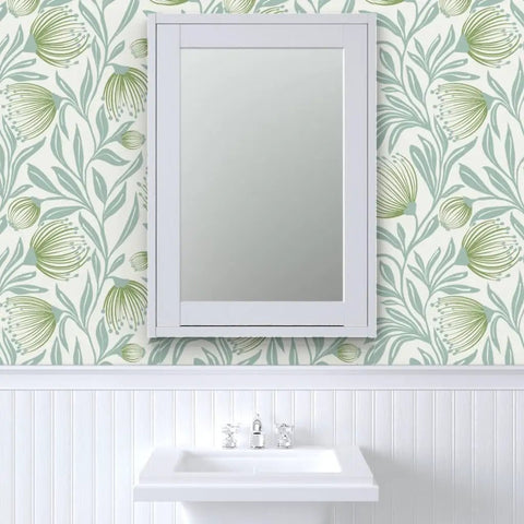 Badass Botanical Modern Vinyl Wallpaper With Smooth Leather Texture Heavy Duty Commercial Wallcovering Custom Printed Just For You For Offices Hotels And Major Event Spaces in a bathroom setting with a mirror.