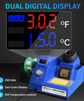 DS90 Dual Digital Soldering Station Kit with 90W Iron displaying temperature, blue body with integrated display, two-color display